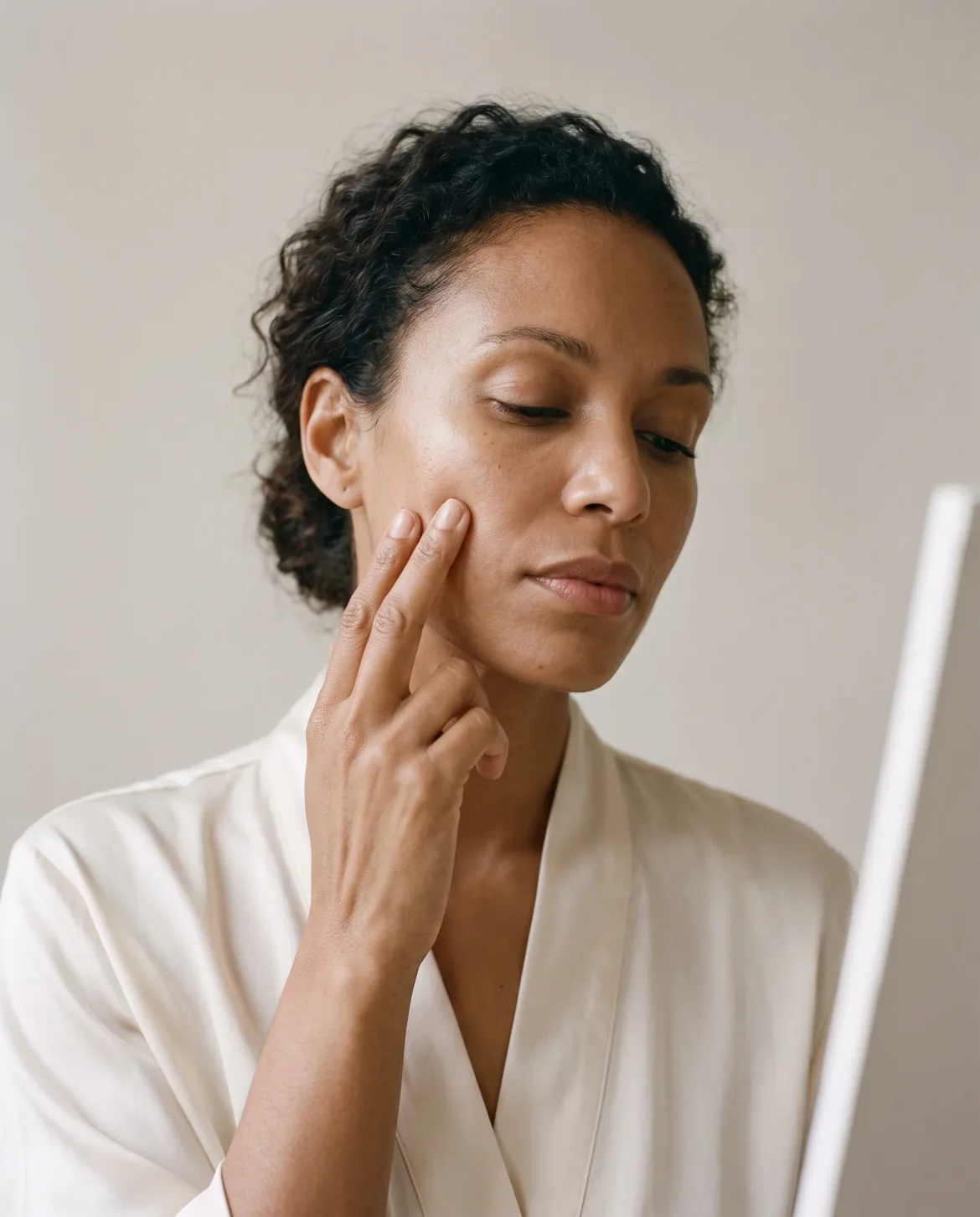 A woman in a cream robe pressing treatment along her cheekbone with two fingertips