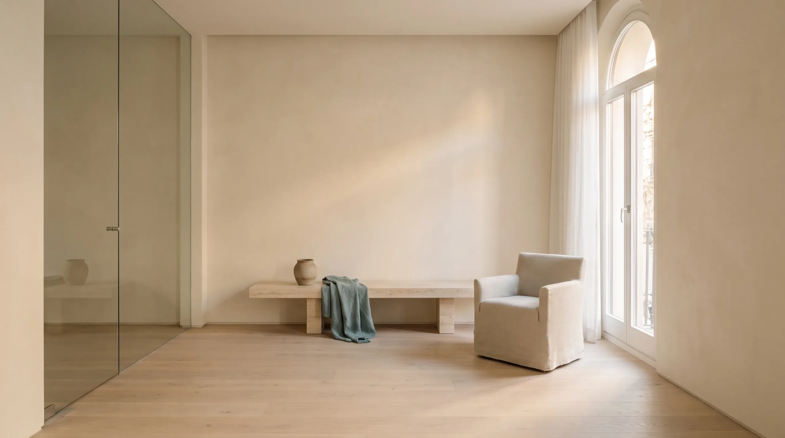 A quiet, light-filled consultation room in warm ivory, empty, afternoon sun across the floor
